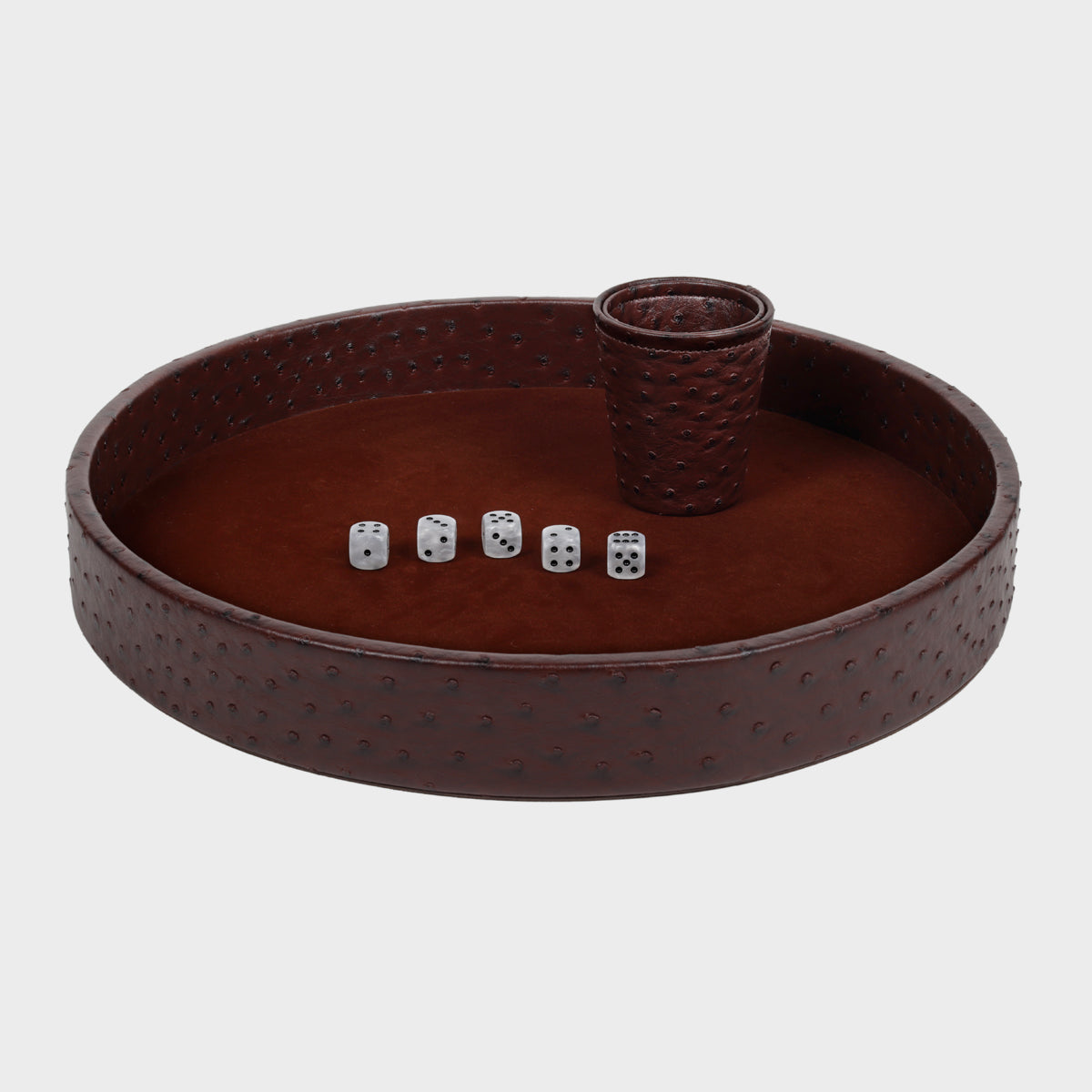Buy Yahtzee dice tray crafted with vegan leather, soft velvet, and mother-of-pearl resin dice