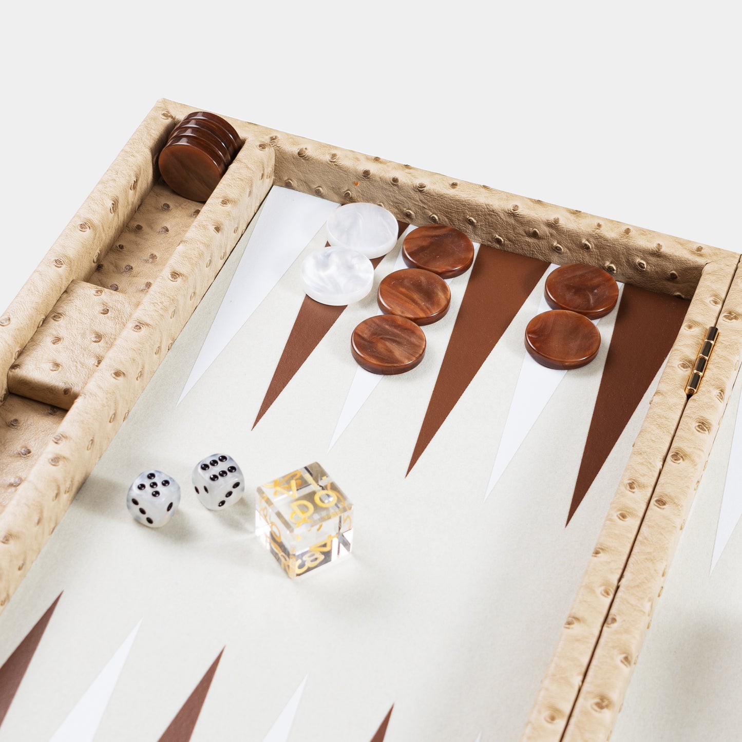 Backgammon set beige ostrich design with pieces and dice on a white background by VIDO