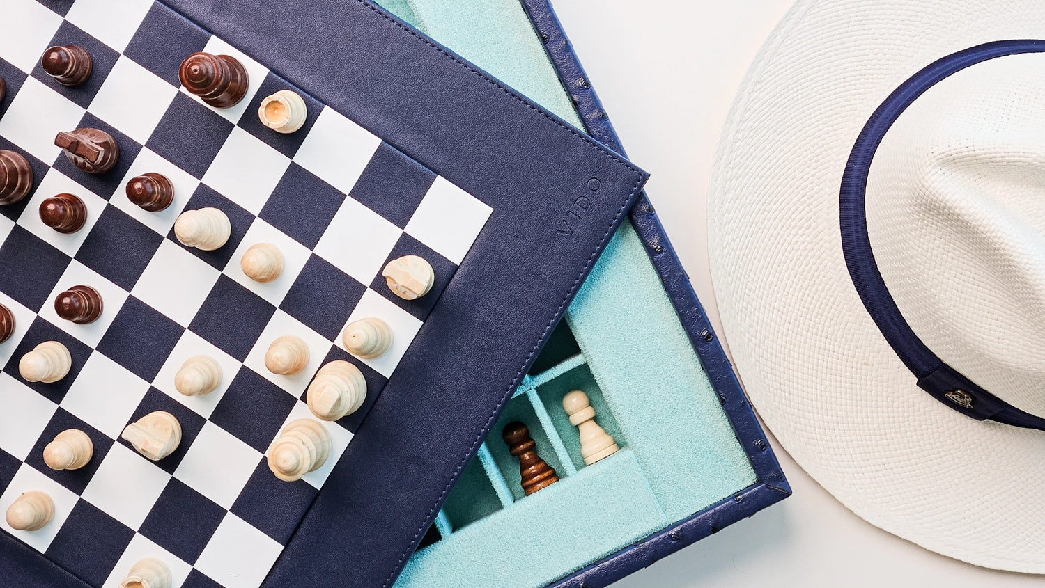 Premium Chess Set In Navy Blue Vegan Leather By VIDO