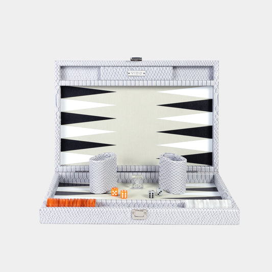 Grey backgammon set with white and black points in a decorative box on a white background by VIDO