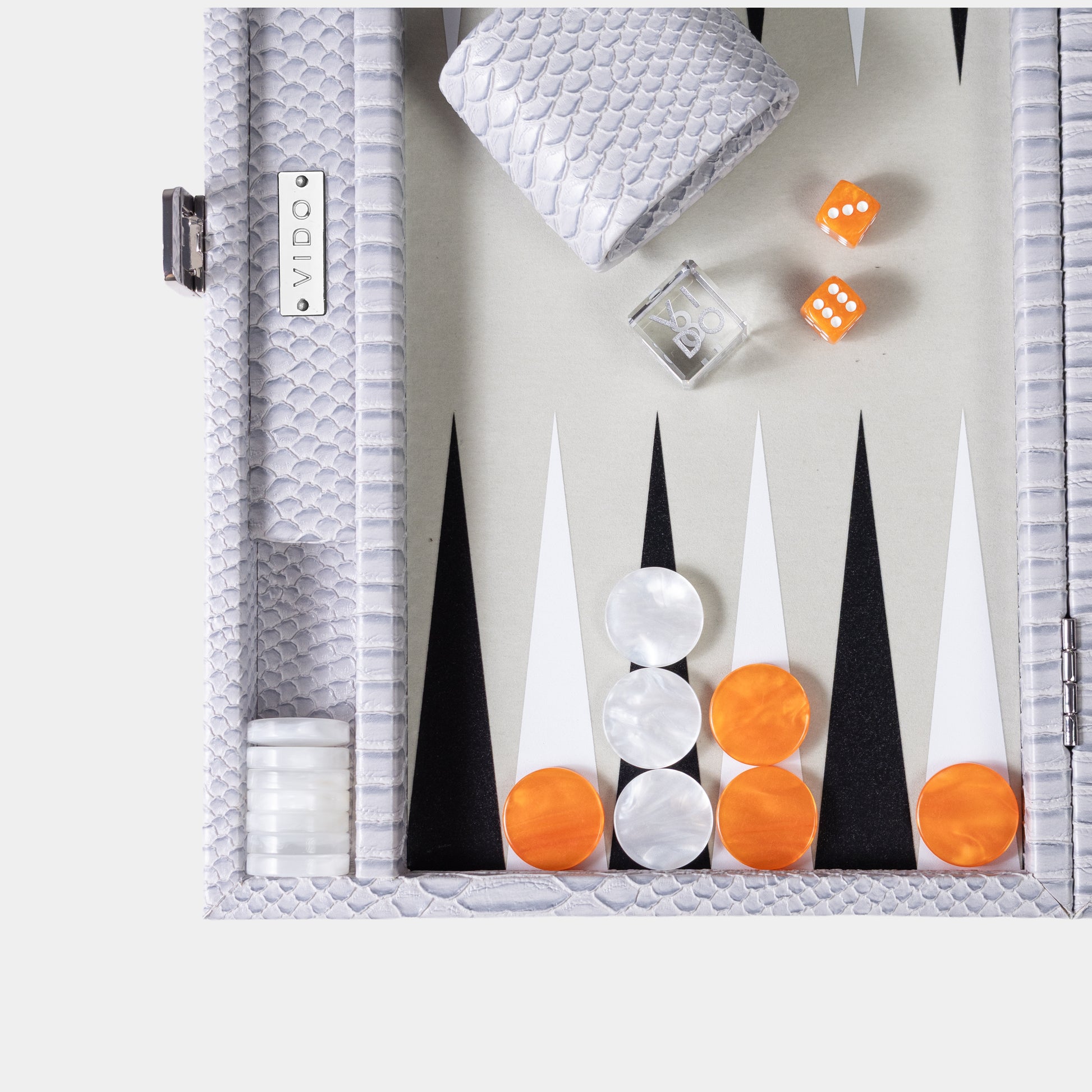 Backgammon board grey with black, white points, and orange checkers by VIDO