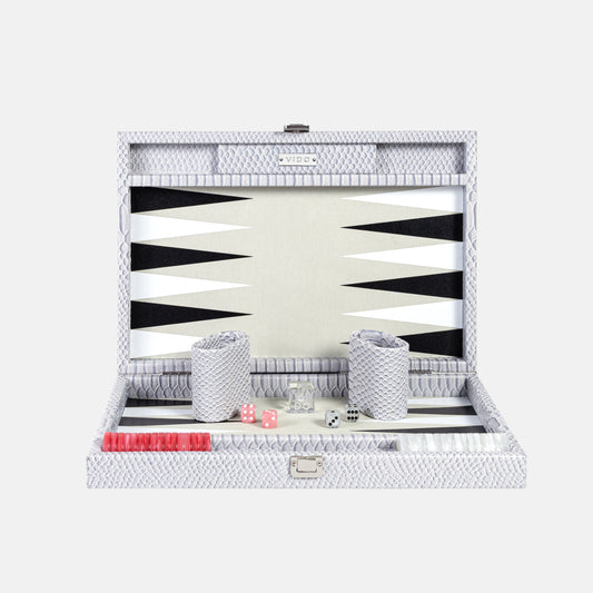 Backgammon set with a grey snake pattern on a white background by VIDO