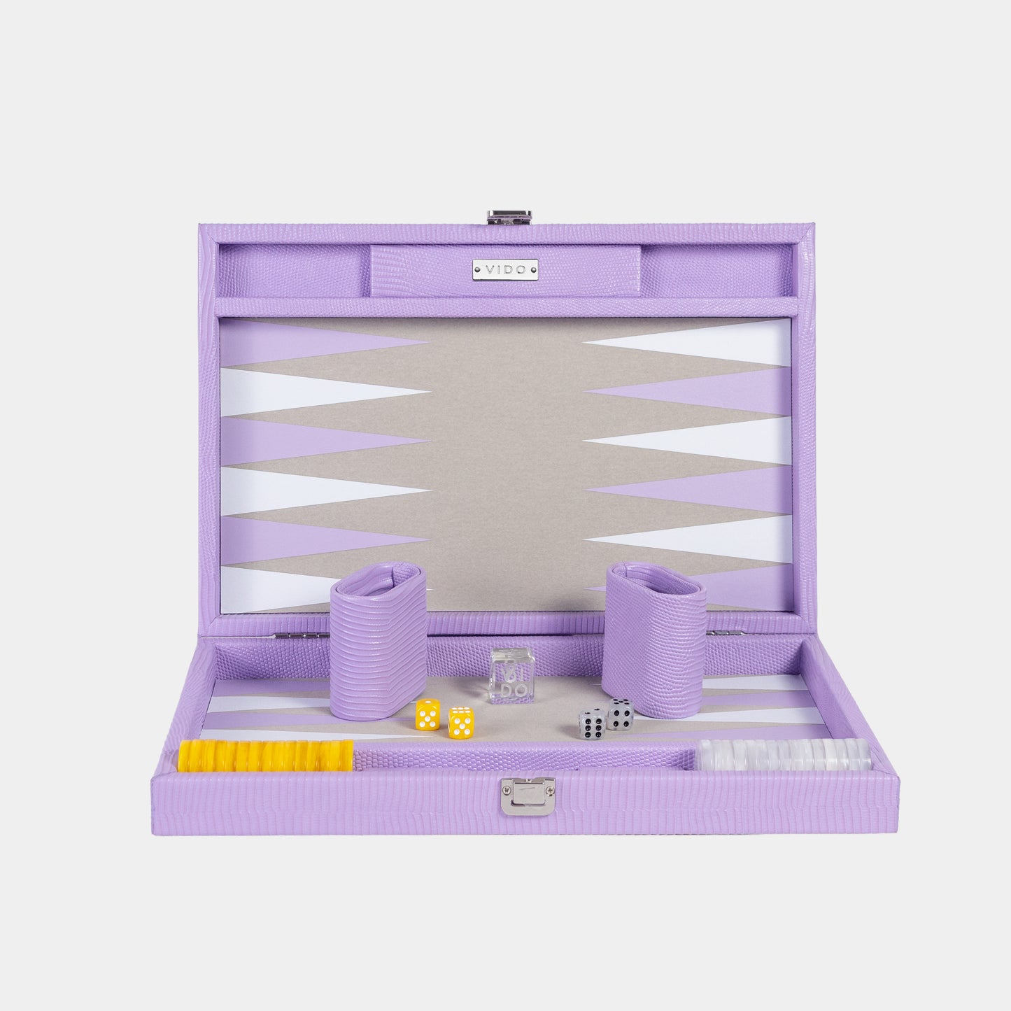 Purple backgammon set with pieces and dice on a white background by VIDO