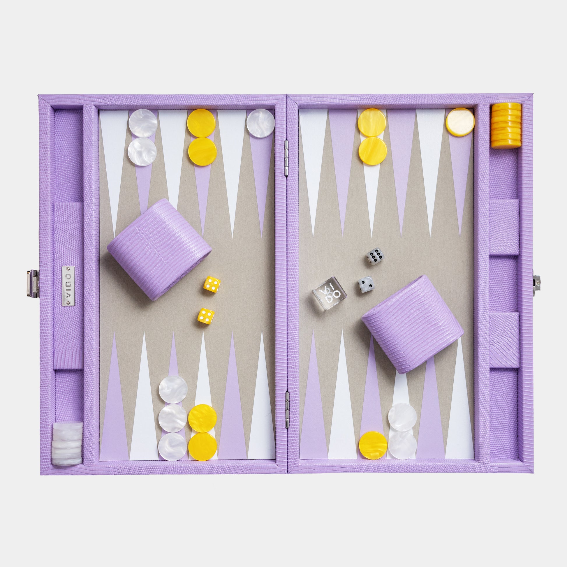 Backgammon set purple with white pieces and yellow dice on a white background by VIDO