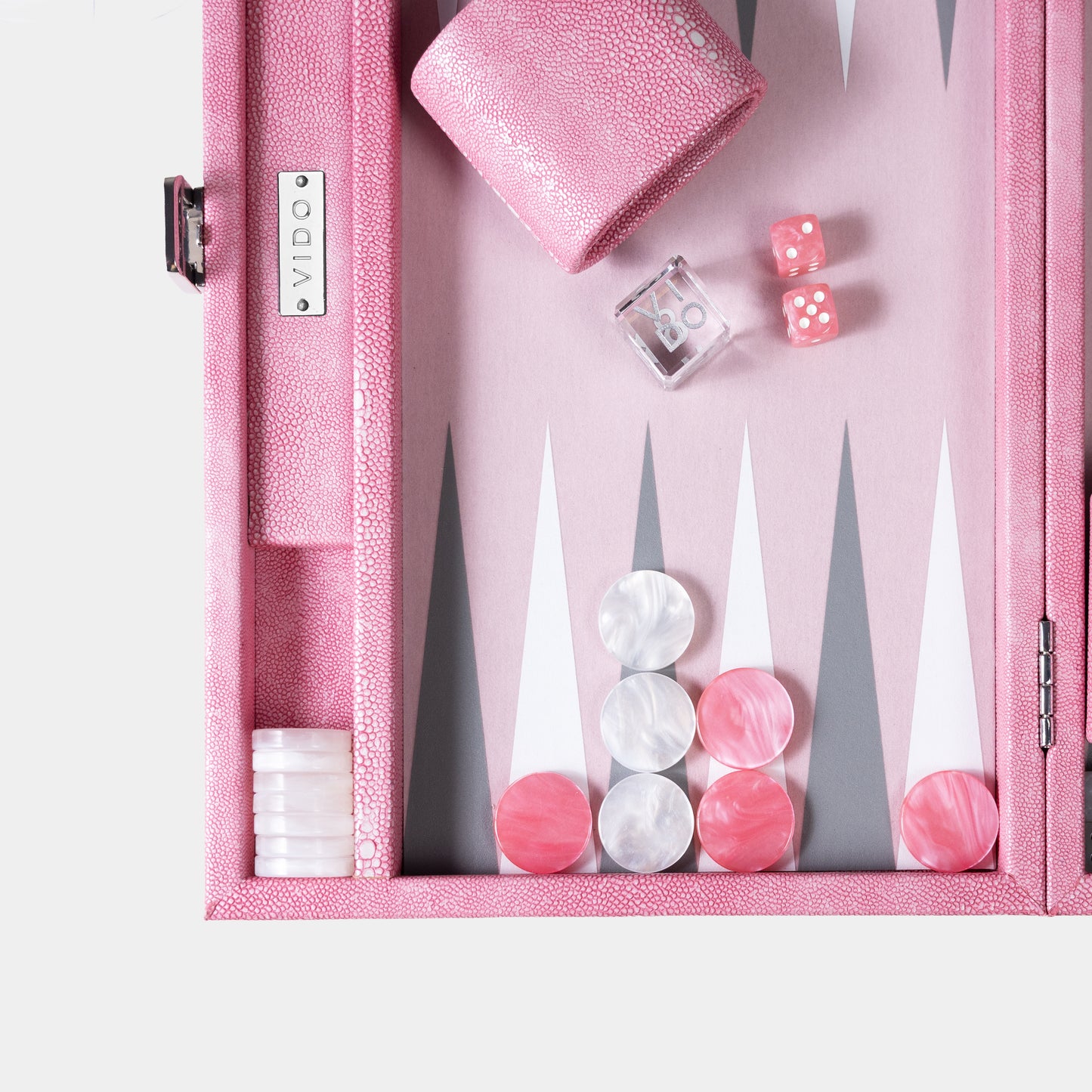 Pink backgammon set zoom with pieces and dice on a white background  by VIDO