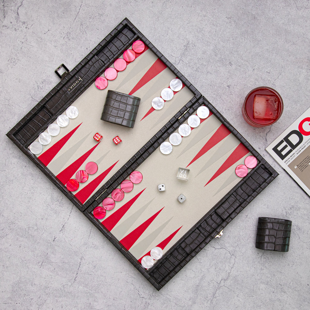 VIDO Medium Backgammon Board Set 15-inch Checkers 29 mm Dark-Grey Alligator Vegan Leather